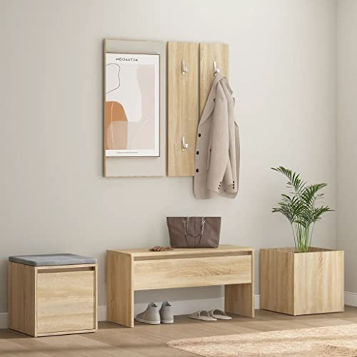 sephironlbb Wardrobe Set Sonoma Oak Wood Material with Hallway Bench, Mirror, Storage Box and Planter, Bench with Drawer, Storage Space for Hallway, Hallway and Entrance Area