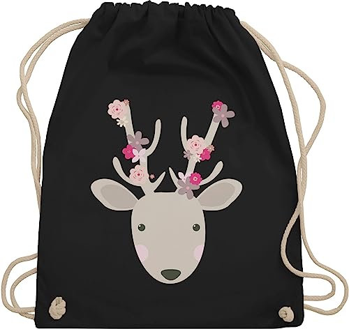 Turnbeutel Rucksack - Kompatibel mit Oktoberfest Tasche - Süßer Hirsch - Frühlingstiere - Unisize - Schwarz - sportbeutel kindergarten trachtentaschen bayrisch rehe beutel oktoberfestbekleidung
