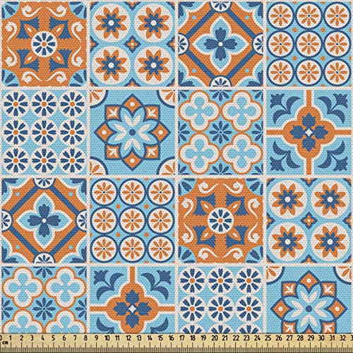 ABAKUHAUS marokkanisch Stoff als Meterware, Arabeske-Verzierung, Qualitäts Stoff Dekorativer Polster Heimtextilienstoff, 2M (148x200cm), Dunkelblau und Orange