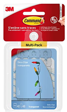Command Dekorations-Clips, Transparent, Vorteilspack mit 40 Minihaken und 48 Kleinen Klebestreifen - Dekorieren ohne Löcher und Bohren