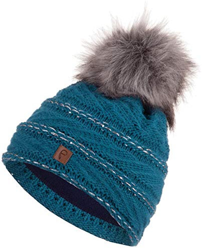 Faera Wintermütze Mütze Damen warm gefüttert mit Pailletten Kunstfell Bommel-Mütze Fleecefutter Winter Herbst Strickmütze Beanie Mädchen 62, Farbe:Petrol