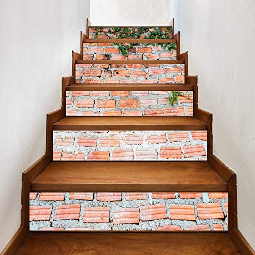A.Monamour Autocollants d'escalier Auto-adhésifs 3D Mur De Brique Rouge Vert Lierre Vignes Texture De Brique Vinyle Imperméable Contremarche d'escalier Carrelage Sticker Mural Autocollant 6 PCs