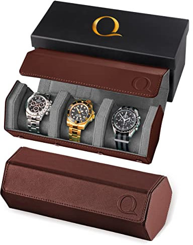 QWATCHBANDS Napa-Leder-Uhrenrollen für Herren – sechseckige Uhrenrolle für Uhren – Aufbewahrungs-Organizer aus echtem Leder mit Samt-Innenausstellung, 3 - Braun / Grau, Triple