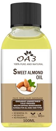 OA3 Certified Organic Sweet Almond Oil 100ml – 100% Pure, Cold-Pressed for Hair, Skin, Face Care & Massage – Nourishing & Natural
