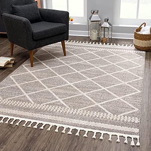 payé Teppich Wohnzimmer Kuzflor - Braun Creme - 160x230cm - mit Fransen Deko Boho Rautenmuster Schlafzimmer Flur Dekoration Läufer - Skandinavische Teppiche
