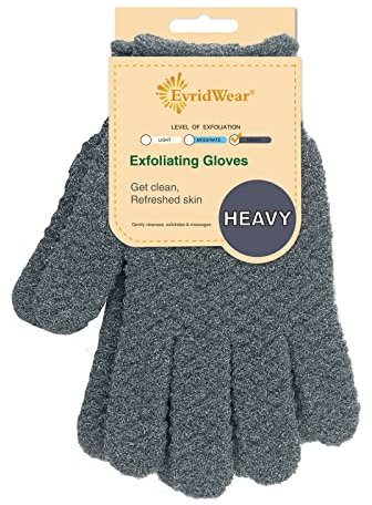 Evridwear Exfoliating Dual Texture Bath Gloves for Shower, Spa, Massage and Body Scrubs, Dead Skin Cell Remover, Gloves with Hanging Loop (1 Pair Gray Heavy Glove)