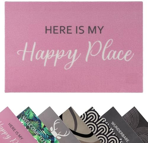 Primaflor Fußmatte mit Spruch “Happy Place” - 40 x 60 cm, rutschfeste Schmutzfang-Matte, Pinker Türvorleger mit Velour Oberfläche, Waschbarer Fußabtreter, Eingangsmatte