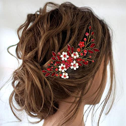JAKAWIN Braut-Haarschmuck, Hochzeits-Haarkamm, silberfarbene Perle, Haarteil für Damen, HC034 (rot)