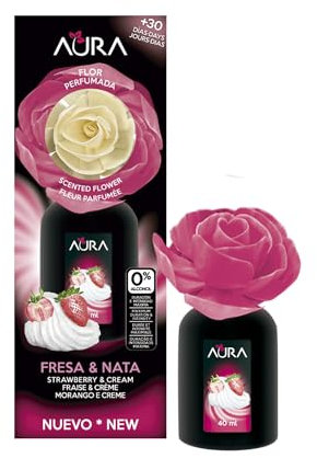 AURA. Ambientador Flor Perfumada 40ml Aroma Fresa y nata. Más de 4 semanas de duración.