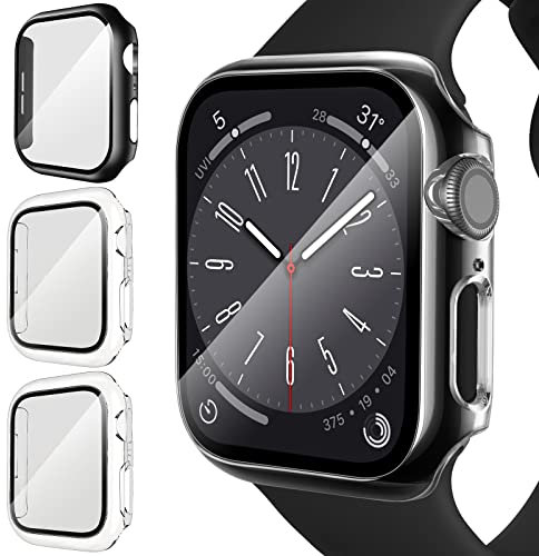 ivoler 3 Piezas Funda Dura para Apple Watch Series 9 8 7 45mm, Protección Completa Protector de Pantalla de Cristal Vidrio Templado Antigolpes Anti-arañazos Estuche Carcasa, 2 Transparente + 1 Negro