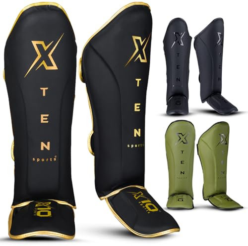 XTEN Shin Guards for Kickboxing, Muay Thai, MMA and Training Pads, Maya Hide Leather Instep Foam Protection, Leg Foot Protector for Martial Arts, Sparring, BJJ and Boxing Gear