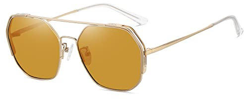 SHES Lunettes de soleil polarisées polygonales à double pont pour femme Lunettes de soleil aviateur Monture hexagonale SH3016, Monture dorée - Verres jaunes, 133mm