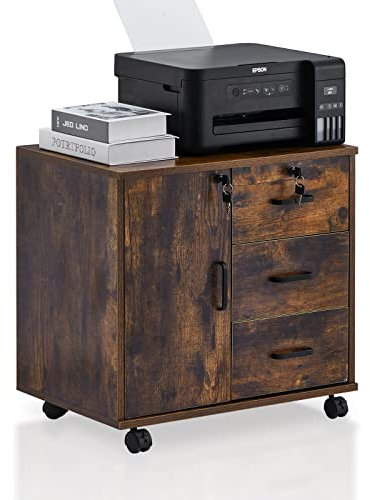 TUKAILAI Rollcontainer Aktenschrank aus Holz, Abschließbar Büroschrank mit 3 Schubladen und Tür, Mobiler Schreibtisch Unterschrank mit 4 Rollen für Büro Arbeitszimmer Wohnzimmer, 40×60×57 cm, Braun