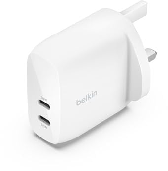 Belkin BoostCharge dual USB-C plug with PPS, 60W phone charger for iPhone 16 and other, iPad, Samsung Galaxy, Google Pixel, MacBook - compatible w/ USB-C to lightning cable & USB-C to USB-C - white