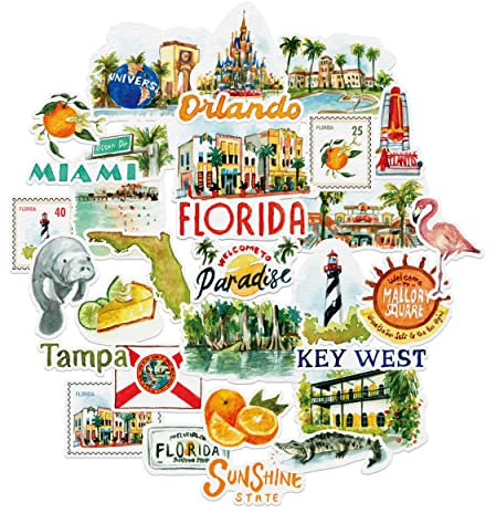 Navy Peony Retro Florida State Travel Stickers (31 pcs) - Watercolor, Waterproof, America Vacation Stickers for Scrapbooks, Journals, Suitcase