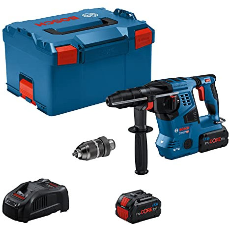 Bosch Professional 18V System Cordless Rotary Hammer GBH 18V-28 CF (with SDS Plus, 3.3 J Impact Energy, incl. Quick Change Chuck, 2x5.5 Ah ProCORE Batteries, Charger, Grase Tube, in L-BOXX)