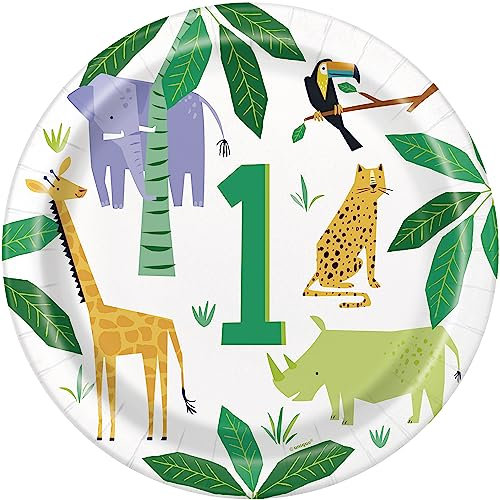 Unique 78355EU Eco-Friendly Paper Plates-23 cm-Animal Safari Party-8 Count (Pack of 1), Multicolour