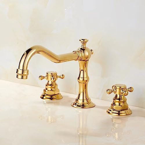 ZYCDP Wasserhahn Badezimmer 3 Loch,Bad Wasserhahn Kreuzgriff Wasserhahn,Bad Armaturen Waschbecken Messing,3-Loch Waschtischbatterie,Heiß und Kaltwasserhahn wasserhahn bad,Gold