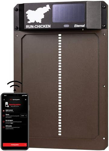 Run-Chicken Porte (Marron) Poulailler Automatique à énergie Solaire, Fonctionne avec Piles, ouvre-Porte électrique programmable avec minuteur, capteur de lumière, modèle Eternal