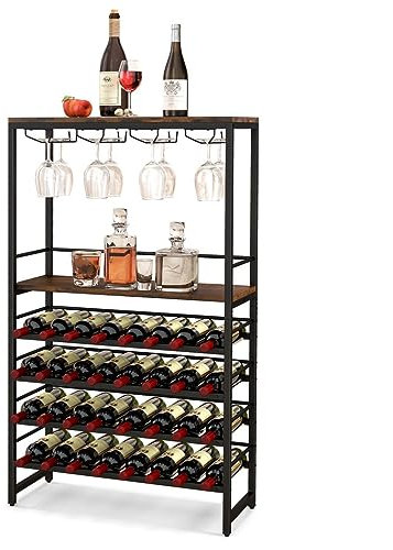 TANGZON 32 Bottle Wine Rack, 6-Tier Wine Bar Cabinet with Glass Holder, Table Top & Anti-toppling Device, Floor Freestanding Bottle Holder Display Shelves for Home Kitchen Pantry Cellar
