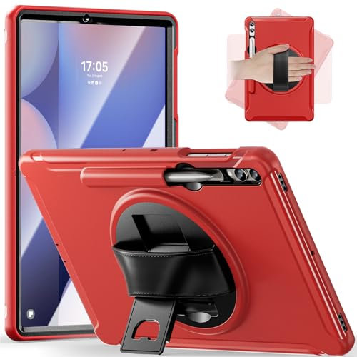 Junfire Coque Antichoc pour Samsung Tab S10 Plus/S9 FE Plus/S9 Plus 12,4 Pouces 2024/2023, Coque de Protection Robuste avec Support Rotative, dragonne et Porte-Stylet - Rouge