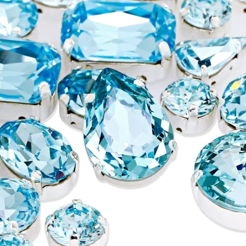 DONGZHOU Strasssteine zum Aufnähen, Glas Nähen Edelsteine mit Silber Krappenfassung für DIY Crafts Schmuck machen Kleidung Hut Maske Hochzeit Kleid Dekoration 82Stück,Aquamarin