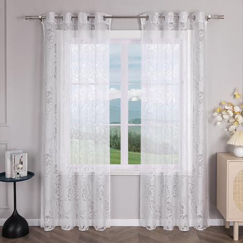 Delien Ausbrenner Gardinen mit Ösen Modern Gardinenschals Transparente »Rose« Gardinen Wohnzimmer Fenster Deko Ösenschals Vorhang mit Blumenmuster 1 St. Weiß,BxH 140x245cm