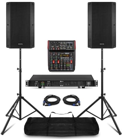 Vonyx Complete Passive PA System with 2x 10 Speakers, 1000W Amplifier, 6-Channel Mixer, Professional Speaker Stands, Bluetooth & USB Audio Interface - Ideal for DJs & Live Events