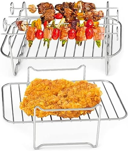 MENIBBLER 2PCS Air Fryer Double Layer Grilling Rack with 4 Skewers, Multi-Purpose Double Air Fryer Accessories, Stainless Steel for Barbecue, Roasting Oven (A)