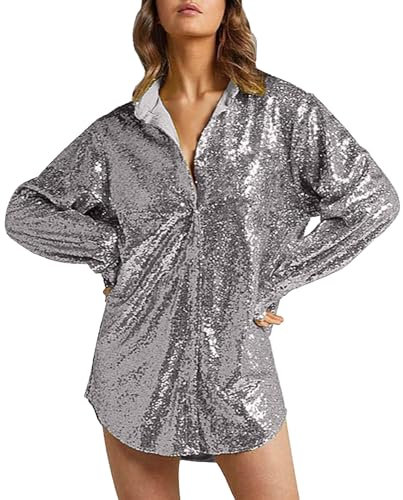 Chemise à Paillettes Femme Col en V Brillant Long Blouse Manche Longue Femme Chic Et élégant Grande Taille Fashion Printemps Fête Cérémonie Soirée Tops Haut Tee Shirt (Silver, L)