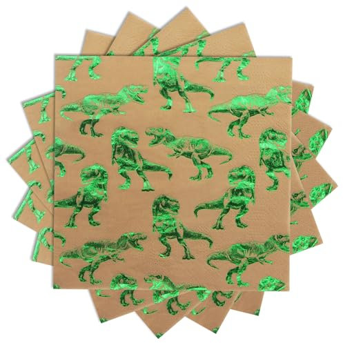 Dinosaurier Party Servietten 50 Stück Papierservietten Grün Goldfolie für Kindergeburtstag 33 x 33 cm Serviette Kinderfeste Dino-party