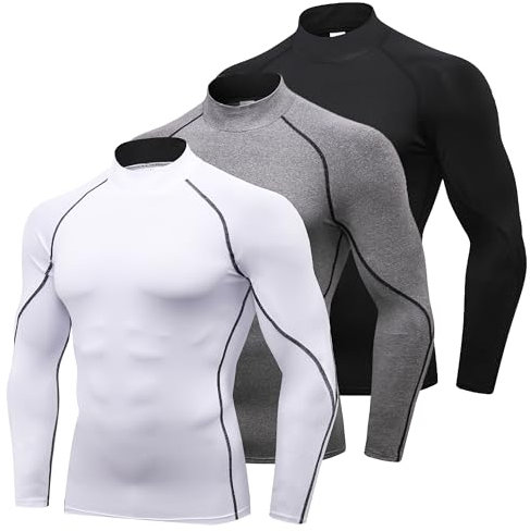 YUSHOW 3 Pack Compression Tops for Men Long Sleeve Gym Running Top Quick Dry Turtleneck Base Layer Top for Sports Fitness Workout Cycling Football Training T-Shirts