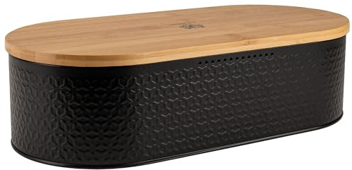 KARL HAUSMANN Panera Bambú con Tabla de Cortar Negro 43.5 cm | Panera de acero con tapa de bambú 2 en 1 como tabla de cortar, ventilación y ancho grande de 43.5 cm
