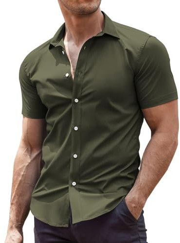 COOFANDY Men's Short Sleeve Dress Shirts Non Iron Formal Shirts Stretch Business Casual Shirt Iron Free Work Shirt Office Slim Fit Olive Green L