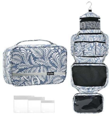 homchen Trousse de toilette à suspendre pour homme et femme, grande capacité, trousse de maquillage avec 4 compartiments, pliable et compact, Feuille grise., M, Trousse de toilette pliable et