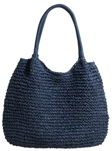 RuiDay - Bolso de paja para mujer, bolso de playa de verano para mujer, bolso tejido a mano de gran capacidad, bolso de paja estilo bohemio para viajes, fecha y vacaciones, azul
