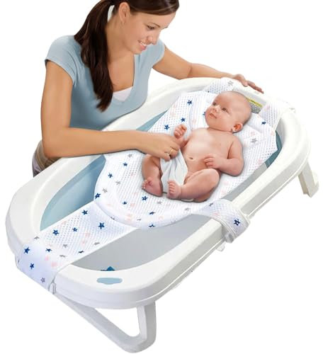 ALLOMN Babybadenetz, Rutschfester Badesitz für Neugeborene mit Verstellbarem Schwammkissennetz für die Badewanne, Weiches Babybadesitzstütznetz mit 5 Sicherheitsstützecken für 0-24 Monate (Weiß)