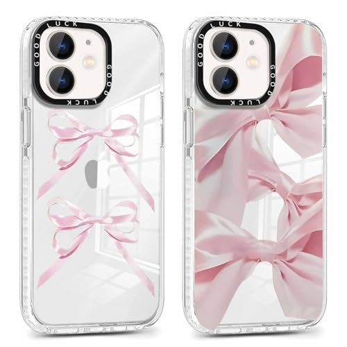 RUMDEY 2 Pack Clear Bow Phone Case for iPhone 12 / iPhone 12 pro 6.1 inch, Cute Aesthetic Pattern Design Protective Soft Slim Shockproof TPU Bumper Cover for Girls Woman-Pink Bow