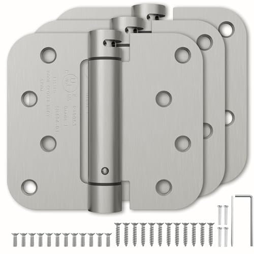 3 Pack Self Closing Door Hinges, 4 Inch Spring Loaded Hinges with 5/8'' Radius Corners, Adjustable Tension for Garage, Front Door, Back Door, for Left and Right Hand Door, UL Listed, Brushed Nickel