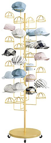 CAFIEDR Moderner großer Hutständer – 30 Haken, rollender Verkaufsständer für Baseballkappen/Cowboyhüte/Fedorahüte, einfach zu montieren (Gold Place 30 Hüte)