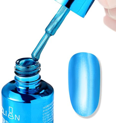 Blue Chrome Nail Polish, Metallic Quick Dry Nail Varnish, Mirror Long Lasting Glitter Nail Varnish, Metal Effect Breathable No UV Needed Nail Art Polish Manicure for Women