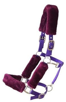 OR S-LINE Pferde weiches gepolstertes Teddyfell - Halfter mit Kunstfell - Plüschfell verstellbar Petrol-weiß für Cob (Lila, Warmblut/Full)
