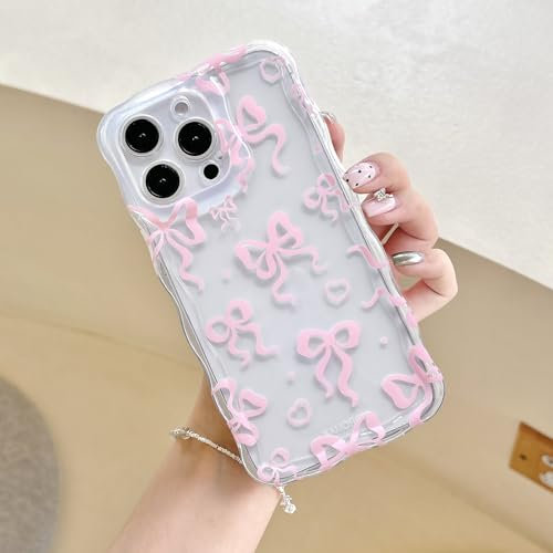 UEEBAI Bow Case for iPhone 14 Pro 6.1, Wavy Cute Ribbon Pretty Aesthetic Case Curly Stylish Soft Wave Clear Phone Case Shockproof Protective Pretty Cover for Women Girl - Pink