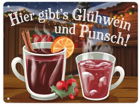 Hier gibts Glühwein und Punsch Metallschild XL in 21x28 cm Mit Zimtstange und Orangenscheibe Ideal für Weihnachtsmarkt oder Winter auch perfekter Kinderpunsch Begleiter