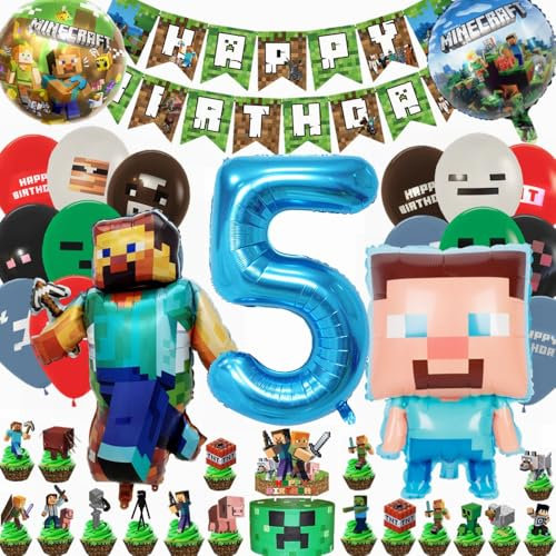 Kiwochy Kindergeburtstag Deko 5 Jahre Luftballon 5. Geburtstagsdeko Miner Gamer Geburtstag Party Deko Spiel Luftballon Miner Gamer Kindergeburtstag Happy Birthday Banner Cupcake Toppers