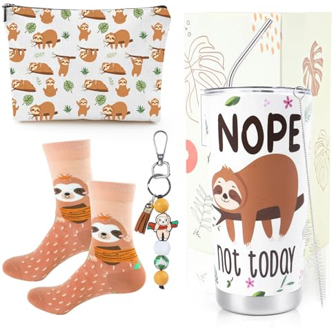 Eiapadeor Sloth Gifts for Women Girls - 4Pcs Sloth Gifts Set 20oz Stainless Steel Travel Mug with Lids Straw Animal Makeup Bags Socks Keyring for SlothLovers Friends Birthday Christmas Presents