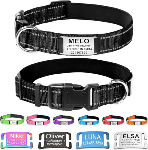 Custom Dog Collars with Name Plate, Engraved Name Plate ID Tags with Reflective Nylon Dog Collar,Soft Neoprene Padded Adjustable Pet Collar for Small Medium Large Dogs,XS Black