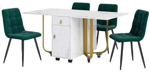 Ligterra Essgruppe,（Set,150×80×76cm Esstisch mit 4 Stühlen）, Weiße MDF Tischplatte & Goldene Tischbeine - Essgruppe für Küche Wohnzimmer