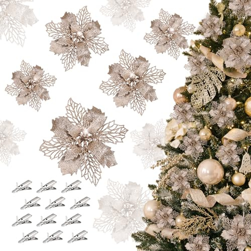 GWHOLE 21 Pack of Christmas Artificial Poinsettia Flowers with Clips Christmas Glitter Poinsettia for Tree Decorations Mantel Wreath Crafts Decorations (Champagne)