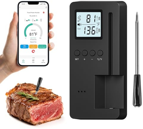Luvan Termometro per carne wireless Bluetooth, Controllo doppio APP & base, IP67 impermeabile, Termometro digitale per BBQ, forno, affumicatore, friggitrice ad aria